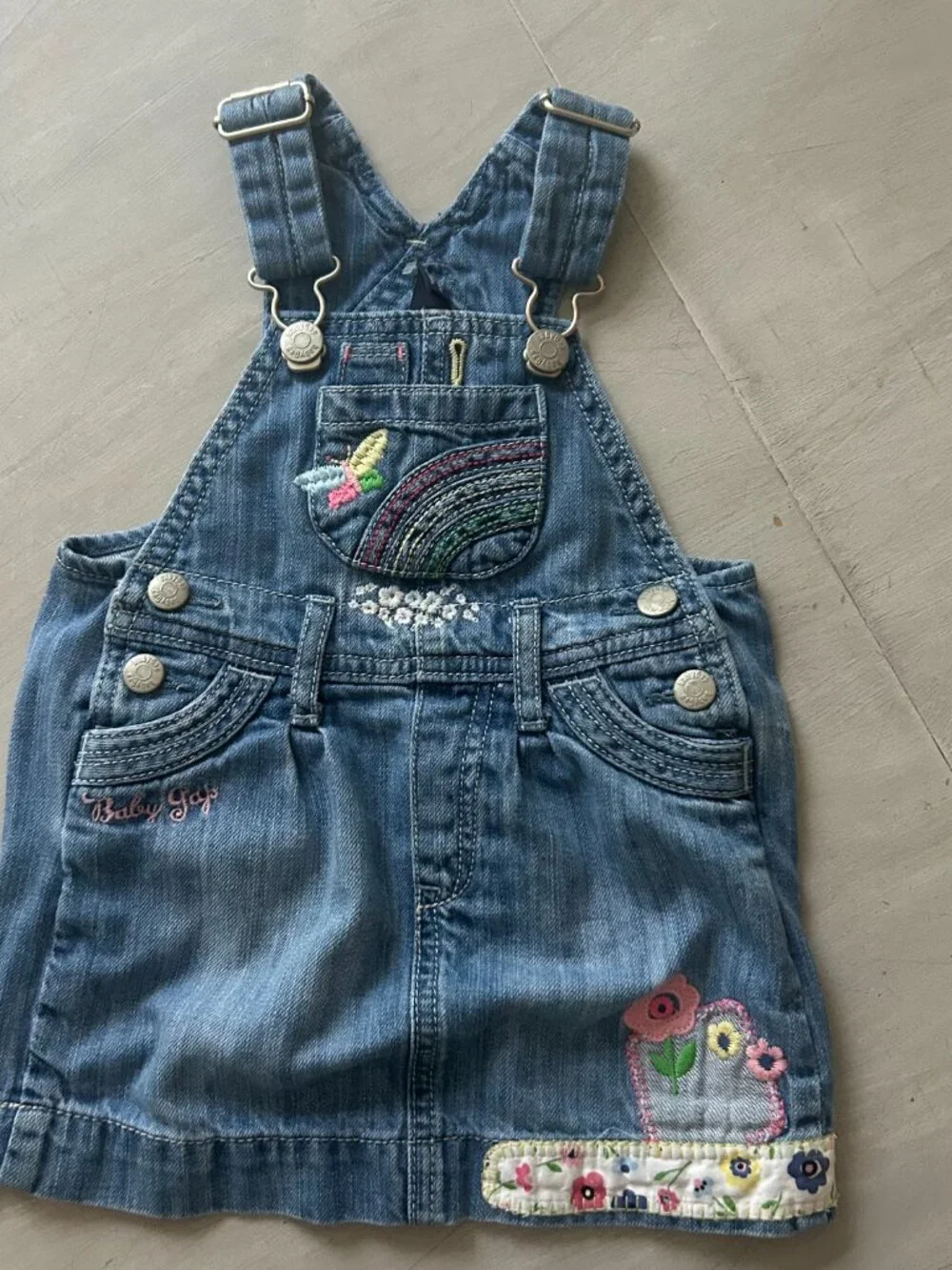 Vintage Y2K BabyGap Denim Overall Jumper Dress Size 6-12 Months Embroidered